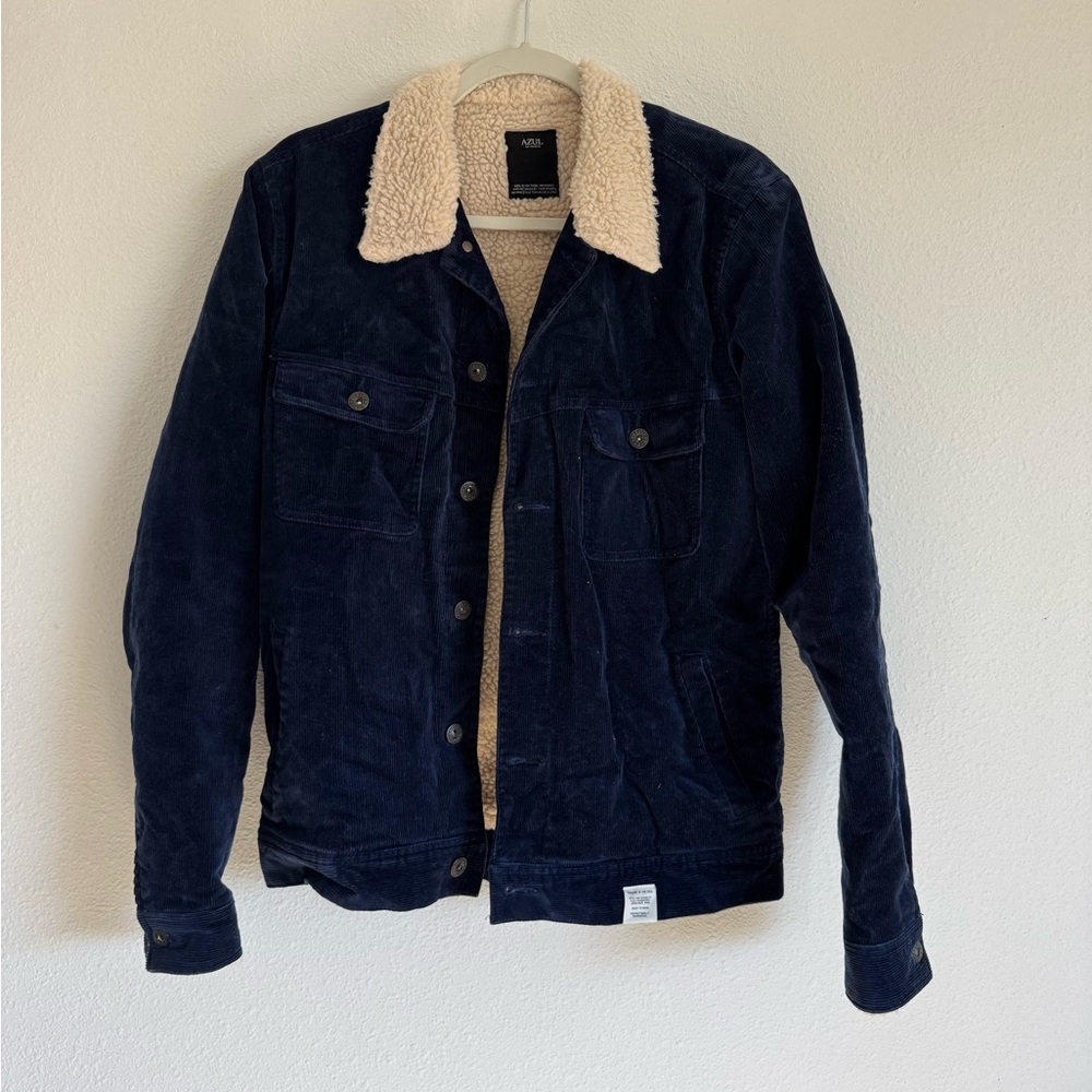 Dark Blue Corduroy Jacket with Cream Sherpa Collar